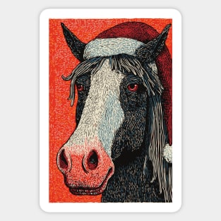 Festive Horse Wearing Santa Hat Christmas Art Sticker